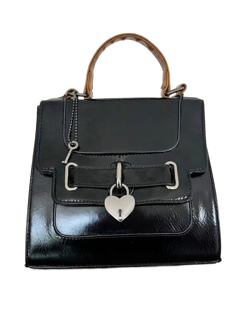 Vintage Y2K Black Leather Heart Lock Shoulder Bag Padlock Key Charm Purse